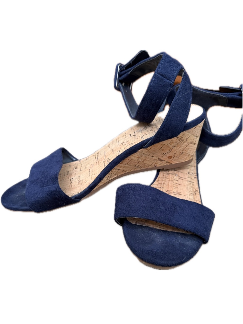 Solanz Navy Suede Cork Wedge Sandals with Ankle Strap (8.5)